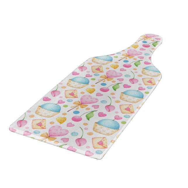  Hearts and Cupcakes Delightful Watercolor Pattern Cutting Board (Corner)