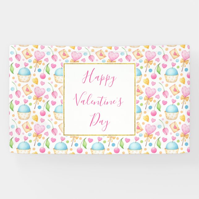 Hearts and Cupcakes Sweet Watercolor Pattern Banner (Horizontal)
