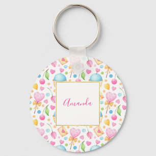 Hearts and Cupcakes Sweet Watercolor Pattern Key Ring