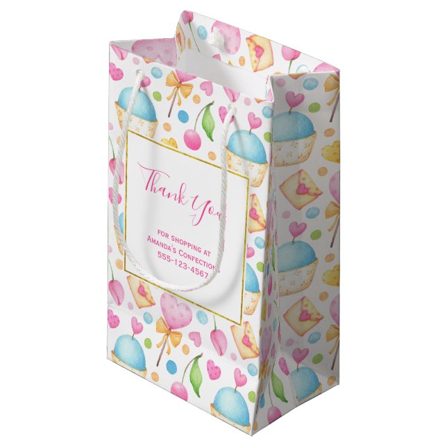 Hearts and Cupcakes Watercolor Pattern Business Small Gift Bag (Front Angled)