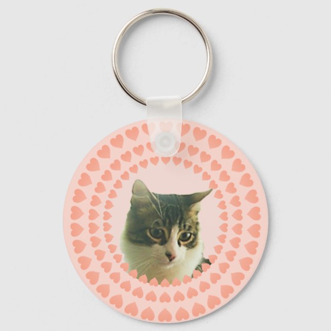 Hearts and Custom Tabby Cat Photo Key Ring (Front)