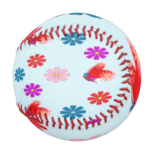 Hearts and daisies on blue baseball (Back Left)