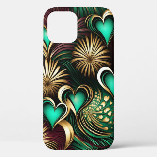 Hearts and Fireworks Burgundy Teal Gold iPhone 12 Case