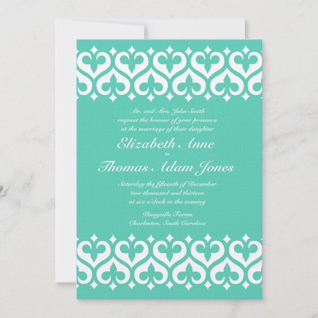Hearts and Fleur de Lis Wedding Invitation - Teal (Front)