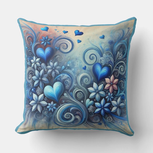Hearts and Flowers Blues Cushion (Front)