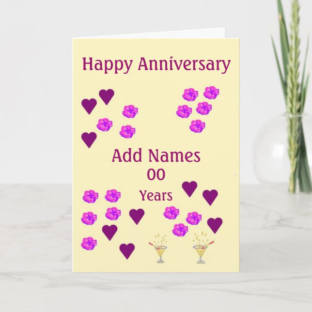 Hearts and Flowers, custom Wedding Anniversary Card (Front)