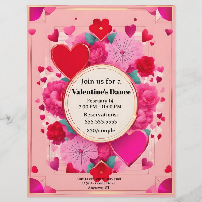 Hearts and Flowers on Pink Valentine's Day Dance Custom Letterhead (Front)