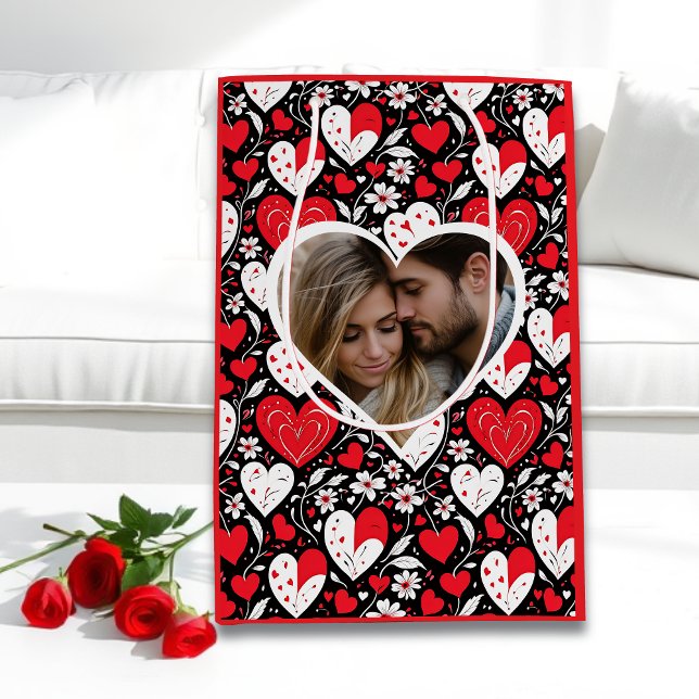 Hearts and Flowers Personalised Photo Valentine's  Medium Gift Bag (Creator Uploaded)