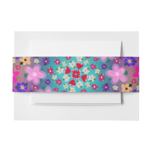 Hearts and Flowers Pink Yellow Aqua Pretty Invitation Belly Band