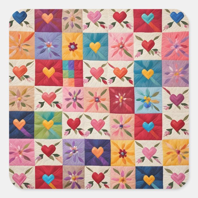 Hearts and flowers quilt square sticker (Front)