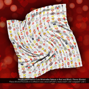 Hearts and Flowers Red and Black Cute Minimalist Fleece Blanket