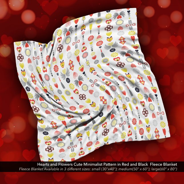 Hearts and Flowers Red and Black Cute Minimalist Fleece Blanket (Hearts and Flowers Cute Minimalist Pattern in Red and Black Fleece Blanket)