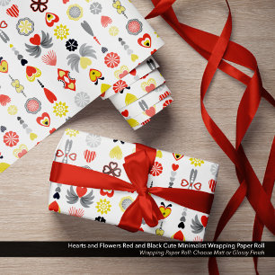 Hearts and Flowers Red and Black Cute Minimalist Wrapping Paper