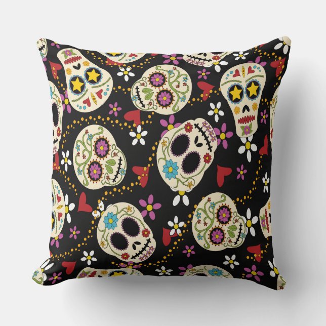 Hearts and Flowers Sugar Skulls Throw Pillow (Front)