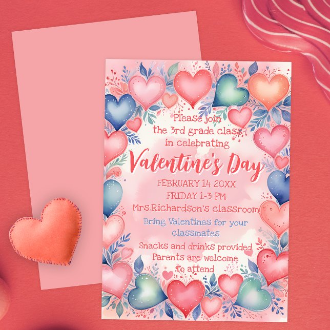 Hearts and Flowers Valentine's Day School Party Invitation (Creator Uploaded)