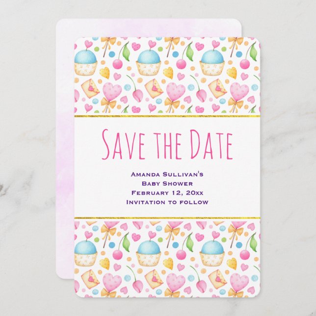 Hearts and Love Delightful Watercolor Pattern Save The Date (Front/Back)