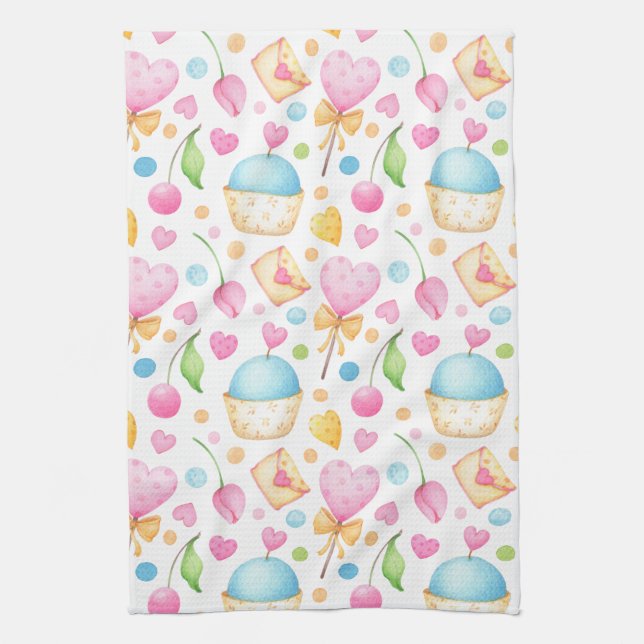 Hearts and Love Delightful Watercolor Pattern Tea Towel (Vertical)