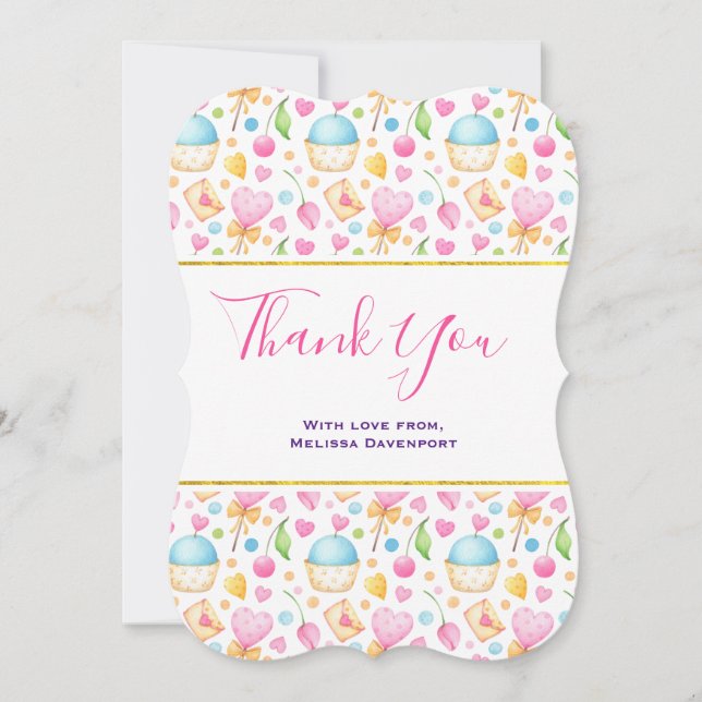 Hearts and Love Delightful Watercolor Pattern Thank You Card (Front)