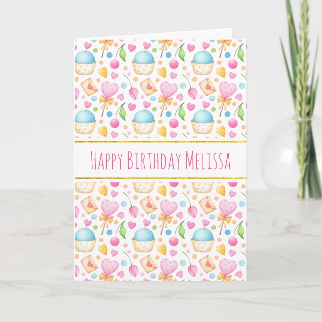 Hearts and Love Watercolor Pattern Birthday Card (Front)