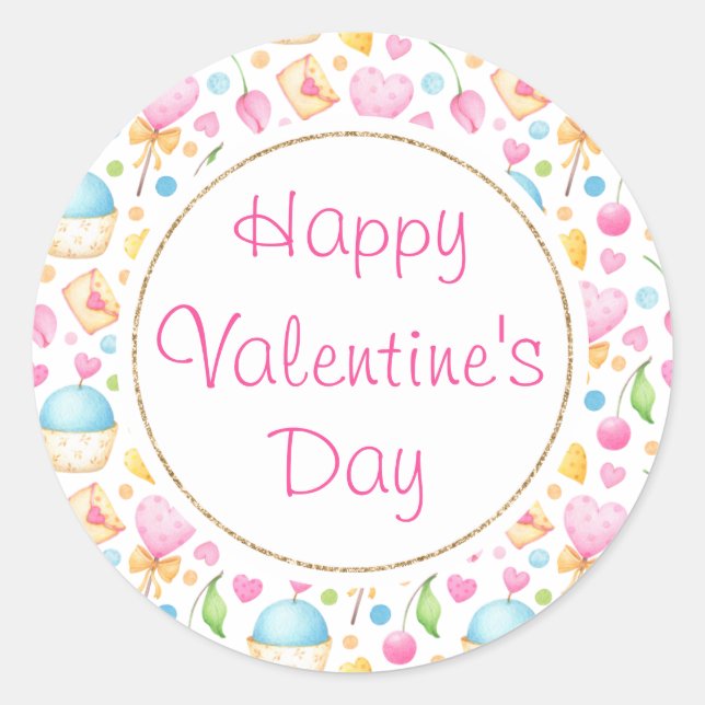 Hearts and Muffins Delightful Valentine's Pattern Classic Round Sticker (Front)