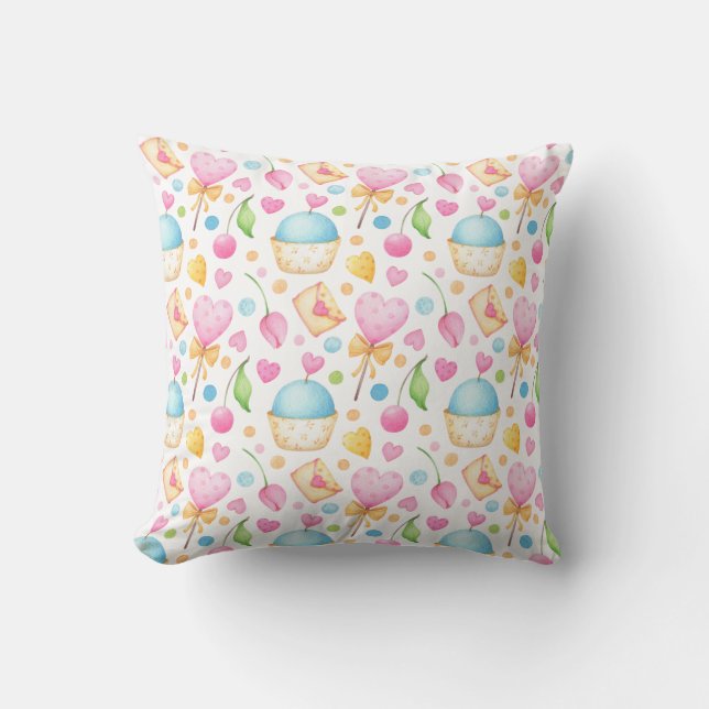 Hearts and Muffins Delightful Watercolor Pattern Cushion (Front)