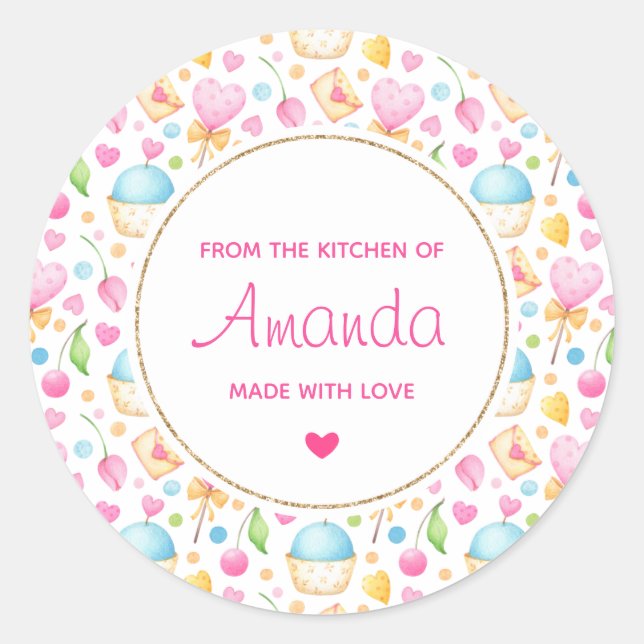 Hearts and Muffins Watercolor Pattern Kitchen Classic Round Sticker (Front)