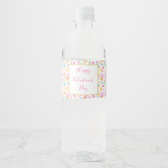 Hearts and Muffins Watercolor Pattern Valentine's Water Bottle Label (Front)