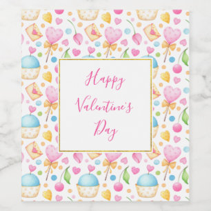 Hearts and Muffins Watercolor Pattern Valentine's Wine Label