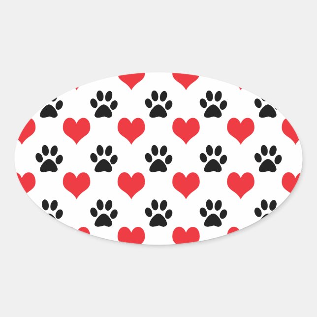 Hearts and paw prints pattern oval sticker (Front)