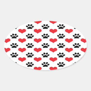 Hearts and paw prints pattern oval sticker