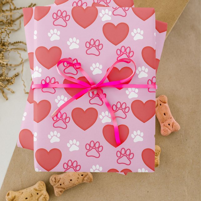 Hearts and Paws Valentine's Day Wrapping Paper (Cute dog paw and heart print wrapping paper)