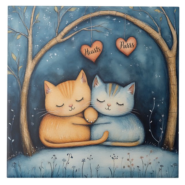 Hearts and Purrs Feline Soulmates Illustrated Art  Tile (Front)