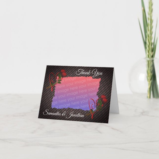 Hearts And Roses Elegant Wedding Photo Thank You Card (Front)