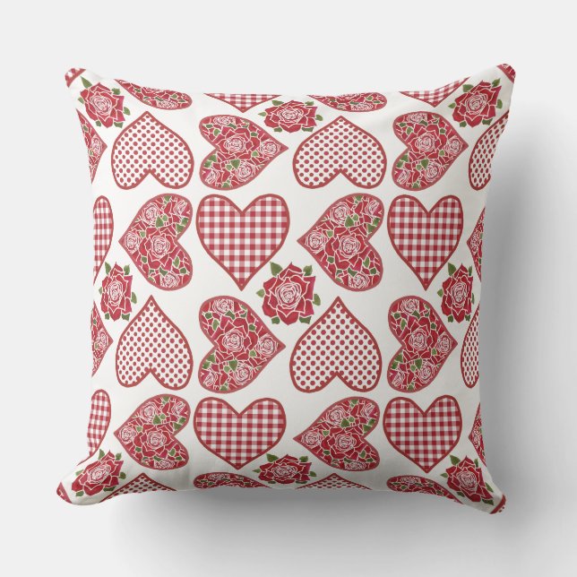 Hearts and Roses Pattern on White Background Cushion (Front)