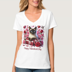 Hearts and Roses Valentines Day Siamese Cat  T-Shirt