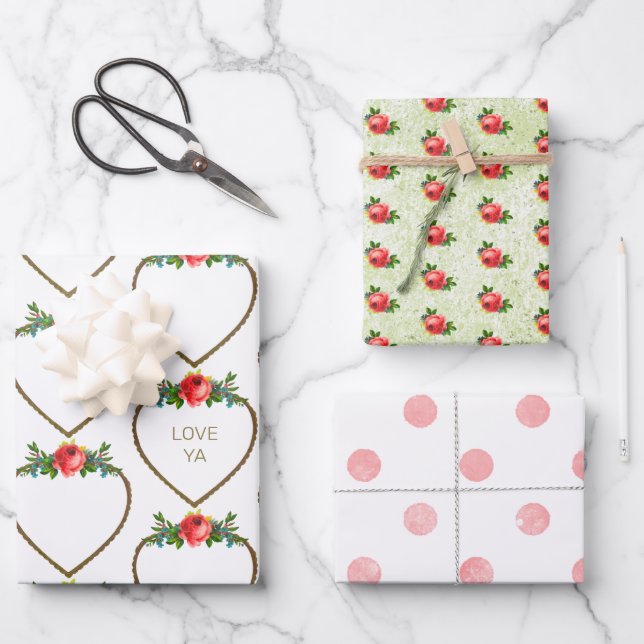 Hearts and Roses Wrapping Paper Flat Sheets (Front)