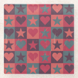 Hearts And Stars Pattern Pink Glass Coaster