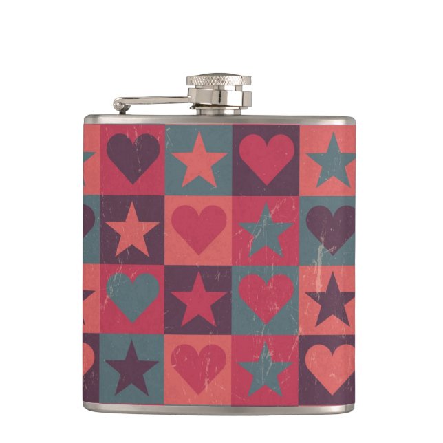Hearts And Stars Pattern Pink Hip Flask (Front)