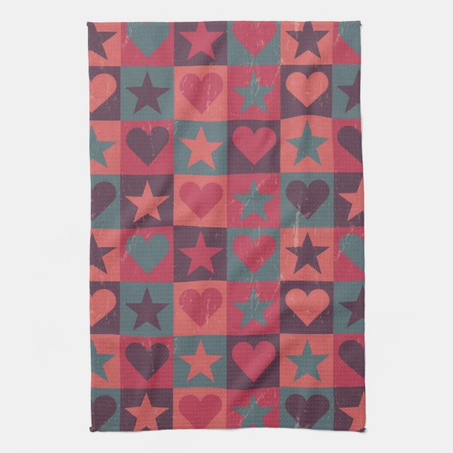 Hearts And Stars Pattern Pink Tea Towel (Vertical)