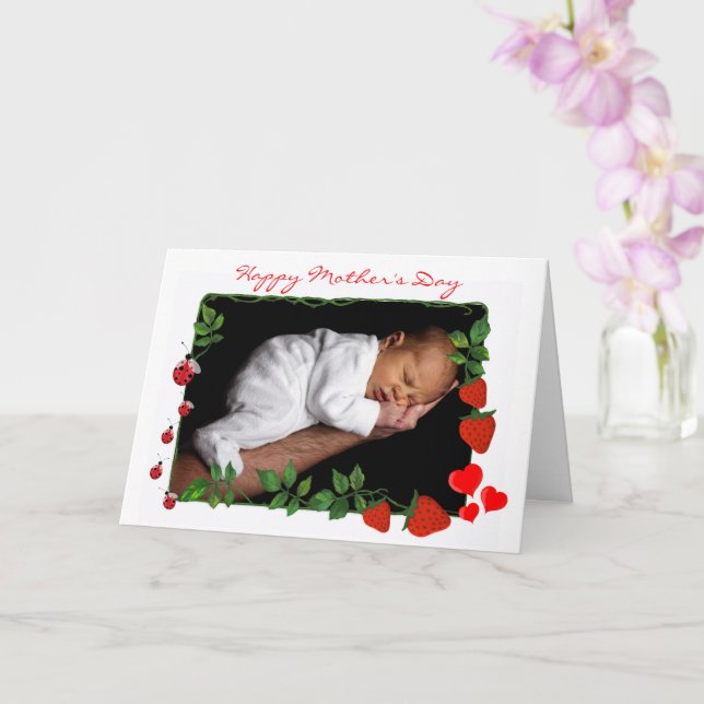 Hearts and Strawberries Custom Photo Mother Day Card (Orchid)