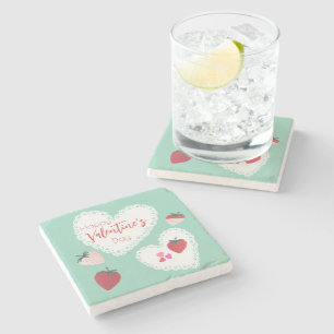 Hearts and Strawberries Happy Valentines Day  Stone Coaster