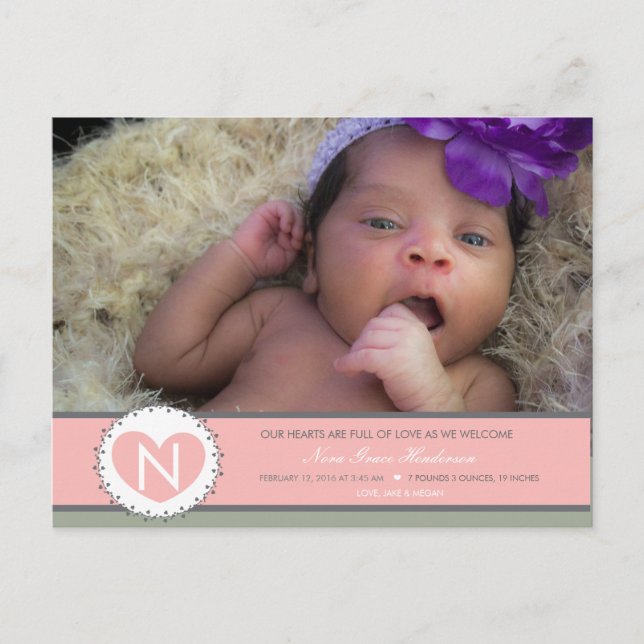 Hearts are Full Baby girl birth annoucment Postcard (Front)