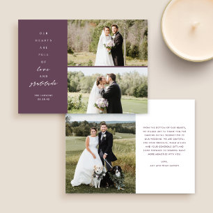 Hearts are Full Three Photo Purple Wedding Thank You Card