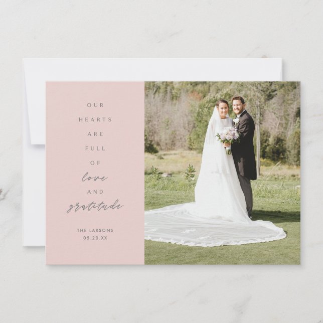 Hearts are Full Two Photo Blush Grey Wedding Thank You Card (Front)