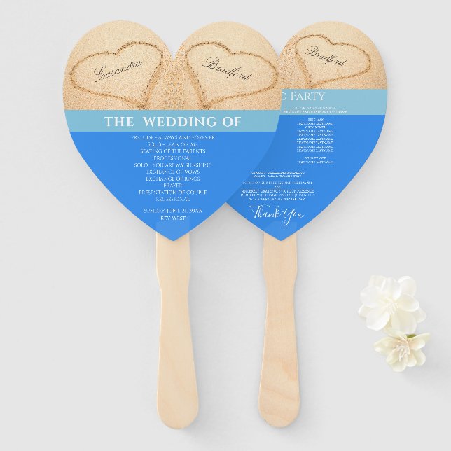 Hearts Beach Wedding ceremony program Ocean Blue H Hand Fan (Front and Back)