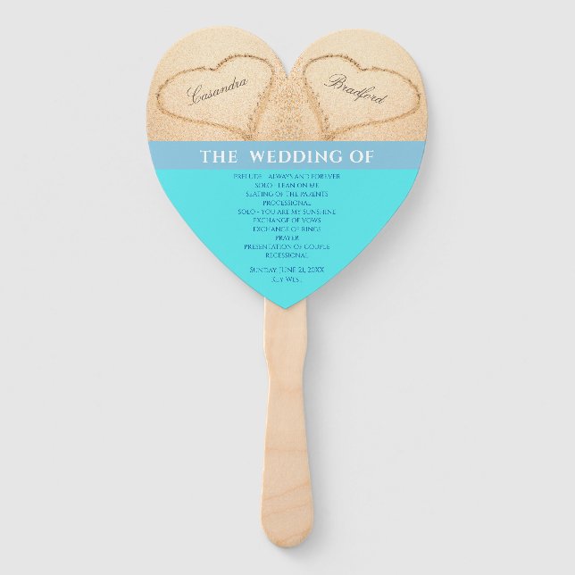 Hearts  Beach Wedding ceremony program Teal Blue H Hand Fan (Front)
