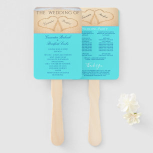 Hearts  Beach Wedding ceremony program Teal Blue  Hand Fan
