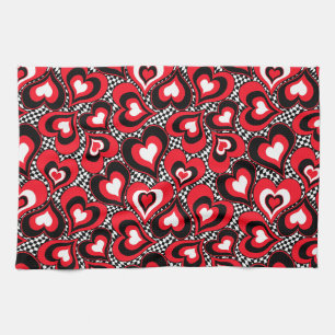 Hearts, black, red and white . tea towel