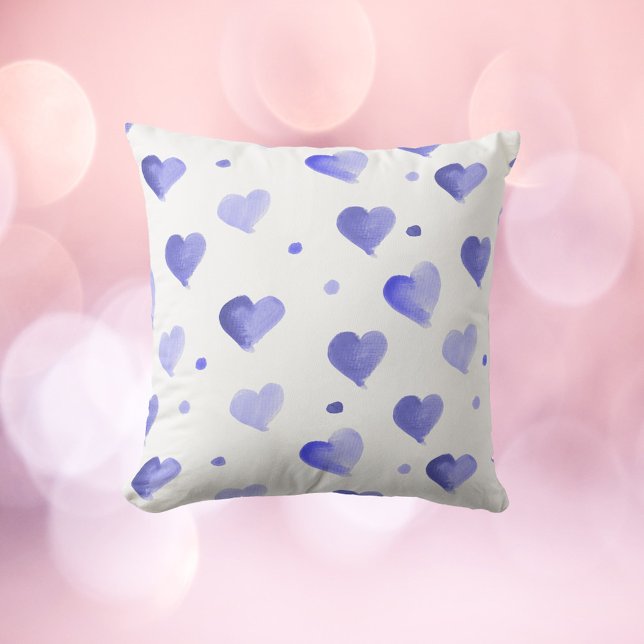 Hearts Blue Watercolor Pattern Cushion (A throw pillow with a cute watercolor heart and polka dot pattern done in blue.)