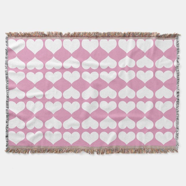 Hearts Blush Pink and White Geometric  Throw Blanket (Front)